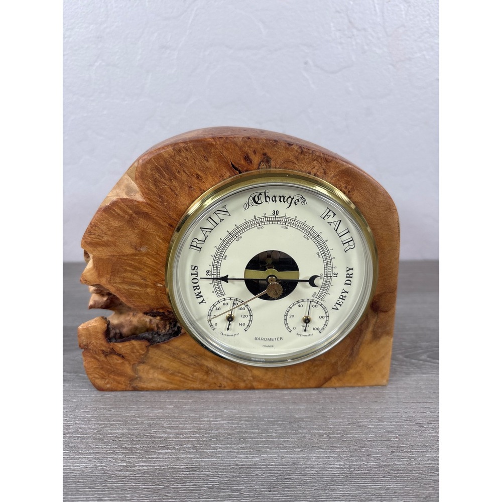Signed Charles Elkan Live Edge Burl Wood Barometer Thermometer Hygrometer France